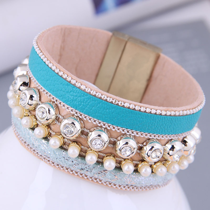 Fashion Versatile Rhinestone Pearl Leather Temperament Wide Magnetic Buckle Bracelet Nhsc466532