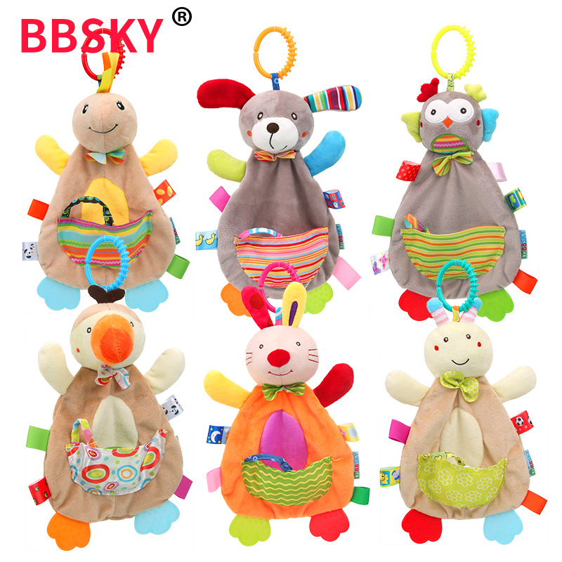 Cute cartoon animal comfort towel export high quality baby teether molar comfort towel with pocket