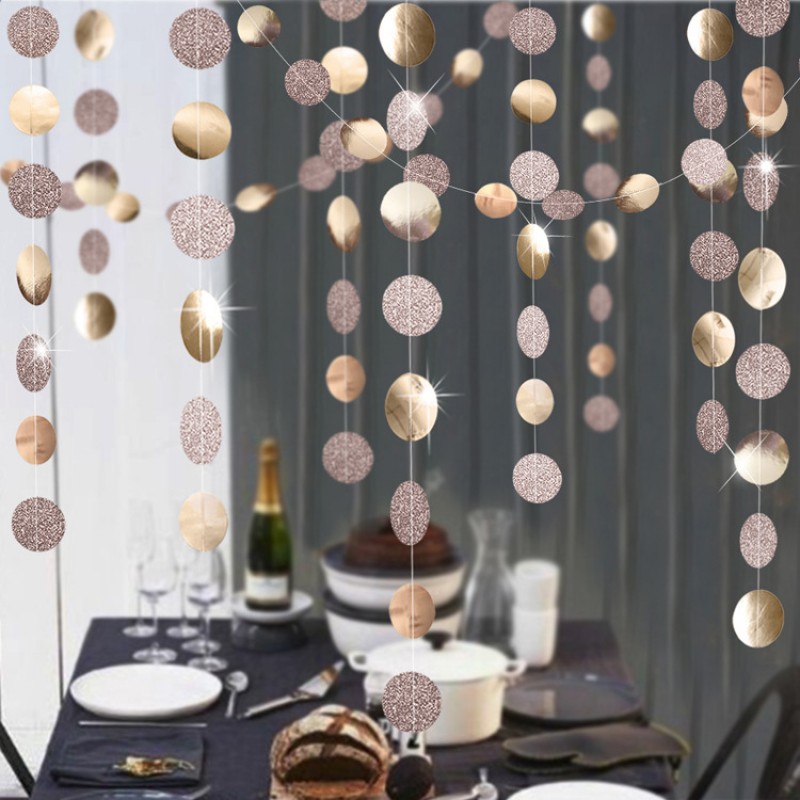 Champagne golden onion mirror round paper string flag pulling birthday party wedding window classroom Bar Party Decoration