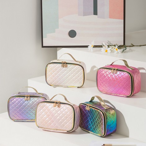 Laser PU leather rhombic checkered cosmetic box hand carrying large capacity portable cosmetic Storage Bag Travel Cosmetic Bag