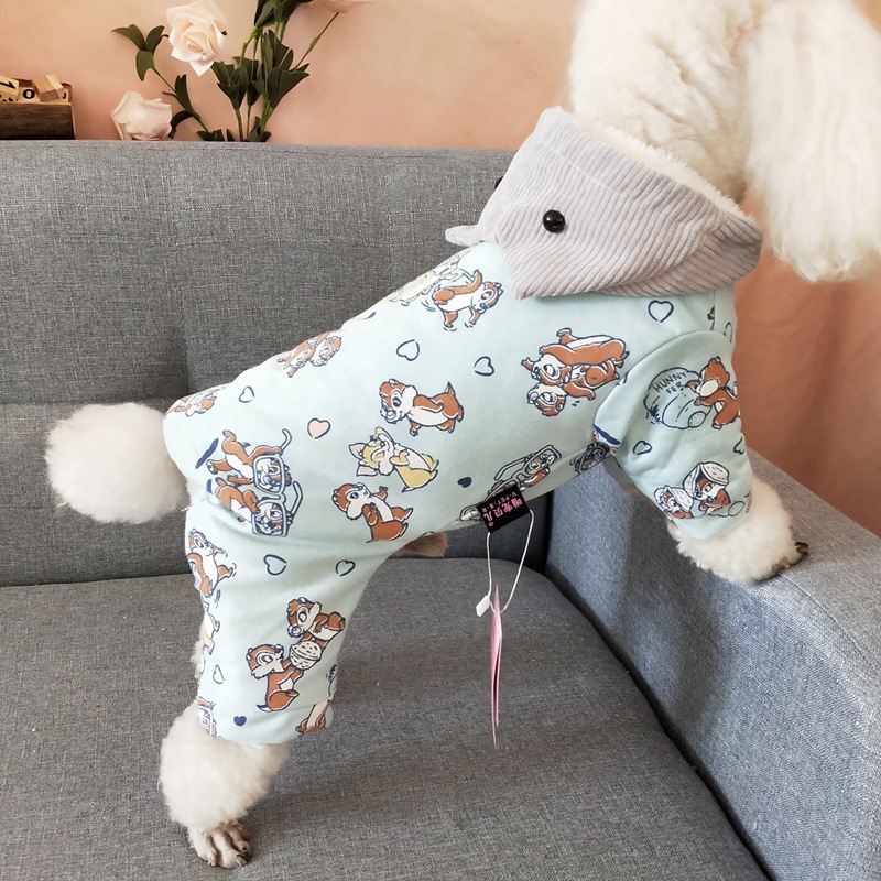 Pet autumn and winter clothes cartoon four legged cotton padded clothes dog pajamas home clothes thickened four legged clothes one-piece cotton padded clothes