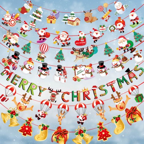 Christmas decoration cartoon paper flag pulling colorful flag Christmas holiday scene atmosphere layout paper flag pulling