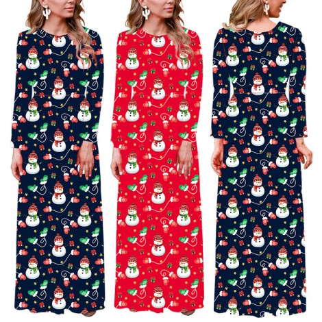 Fc671 Europe and America 2021 autumn winter long skirt large Christmas printed long sleeve women's slim dress
