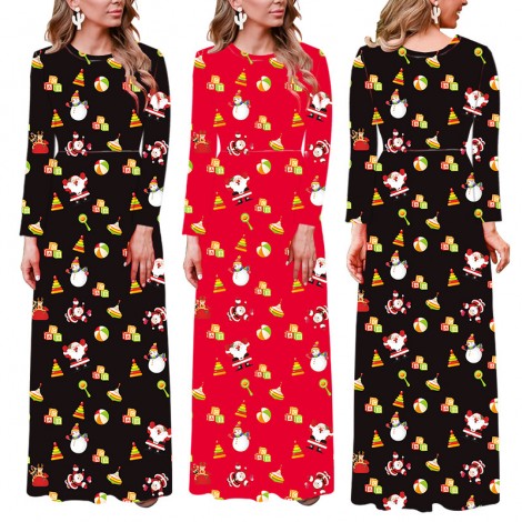 Fc673 European and American women's Christmas round neck cartoon elderly printed long sleeve printed medium length dress women