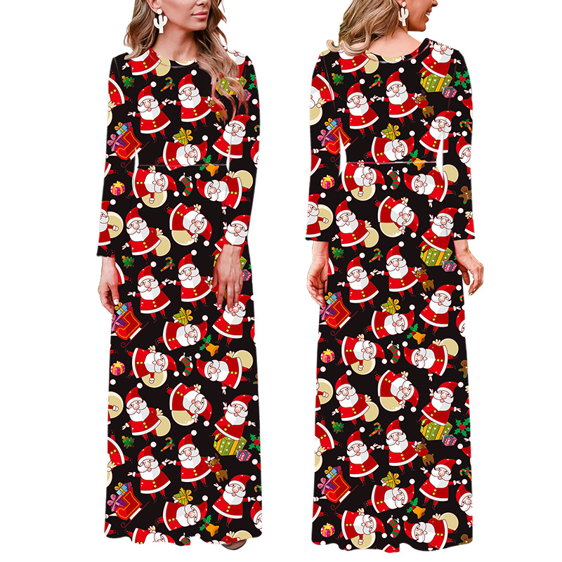 Fc700 2021 European and American women's Christmas printed long sleeve large dress