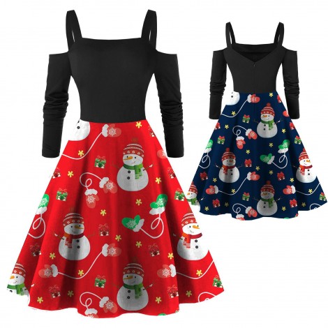Fc733 2021 autumn winter women's Snowman print medium long Vintage Christmas Dress