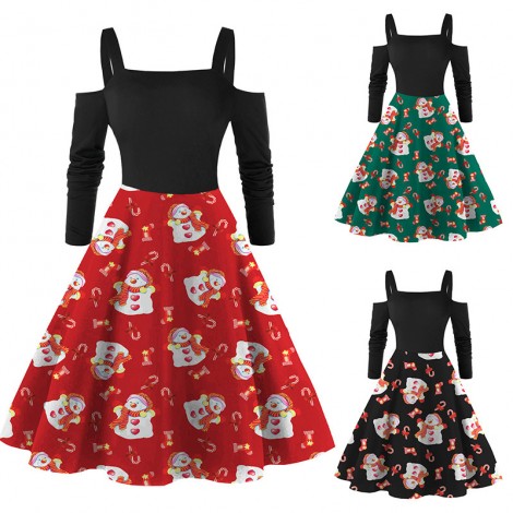 Fc735 2021 autumn winter sexy European and American new year long sleeve red printed Christmas dress women