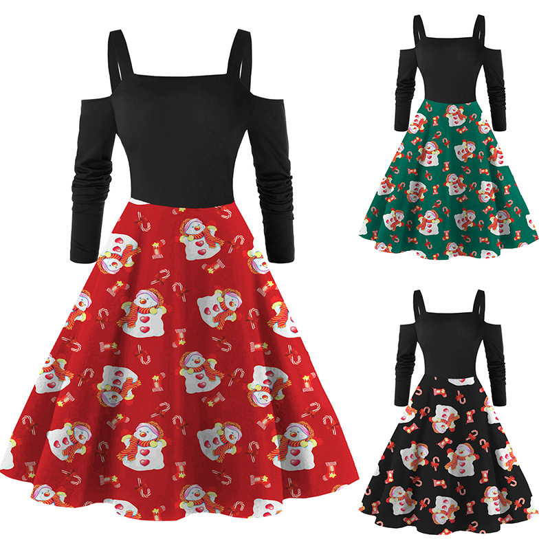 Fc735 2021 autumn winter sexy European and American new year long sleeve red printed Christmas dress women