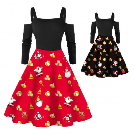 Fc743 2021 autumn winter European and American Red Adult Santa Print Long Sleeve Christmas Dress