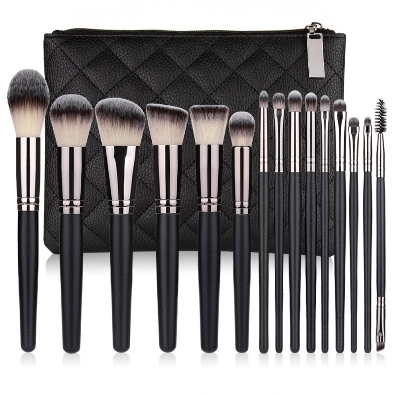15 makeup brushes, eye shadow powder, brush, double colored hair black suit, full set of beauty tools neutral.