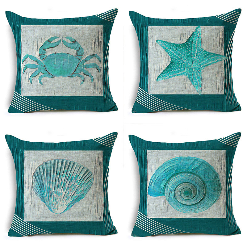 Classic marine shell conch linen cushion cover Turquoise linen pillow