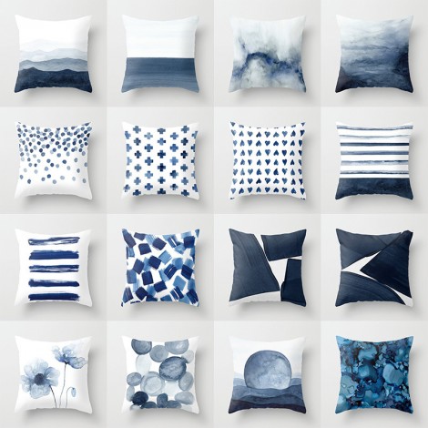 Creative ink blue geometric landscape pillow peach skin velvet pillow cover car sofa cushion cover