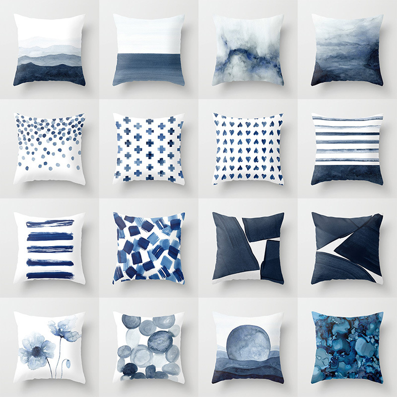 Creative ink blue geometric landscape pillow peach skin velvet pillow cover car sofa cushion cover