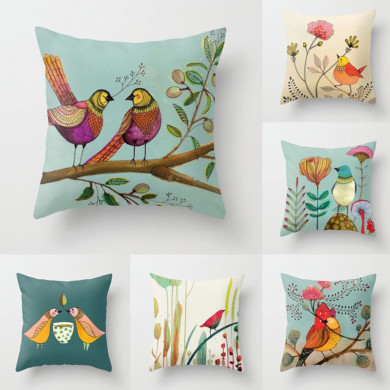 Classic flower and bird pillow cover hand-painted pattern digital printed peach skin plush pillow waist pillow cover