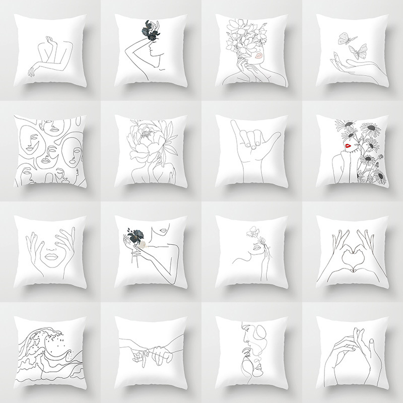 Minimalist line Abstract pillow polyester figure flower head figure pillow cover black and white geometric pillow cover
