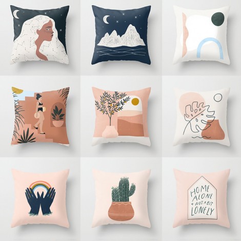 Abstract oil painting girl Mountain Sun Moon cactus holding pillow case geometry, pillow case can supply materials