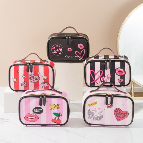 2021 stripe love printing storage bag Pu portable cosmetic bag European and American large capacity washing bag