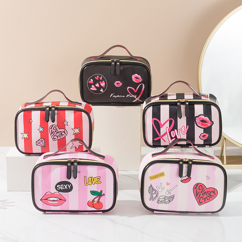 2021 stripe love printing storage bag Pu portable cosmetic bag European and American large capacity washing bag