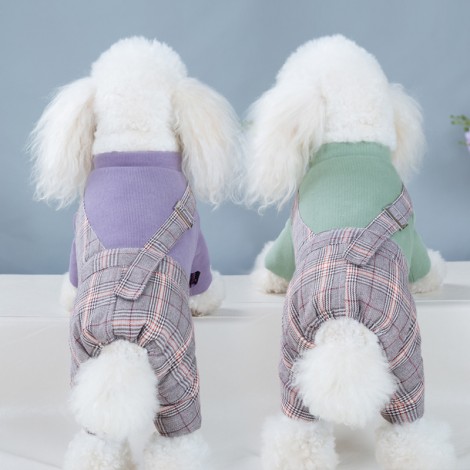 Dog suspenders autumn and winter thickened four legged clothes classic Plaid Korean pet clothes winter cotton clothes
