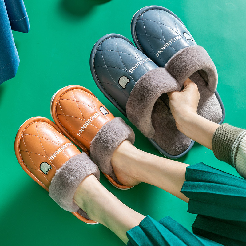Leather slippers men's winter home indoor cotton slippers women's waterproof winter pu leather month shoes thick-soled anti-skid warm couple