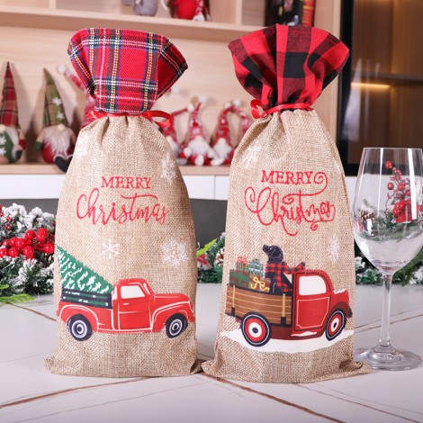 Christmas red wine linen decorative products cartoon car portable cloth bag wine bottle cover Christmas wine bottle decoration