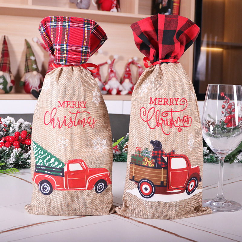 Christmas red wine linen decorative products cartoon car portable cloth bag wine bottle cover Christmas wine bottle decoration