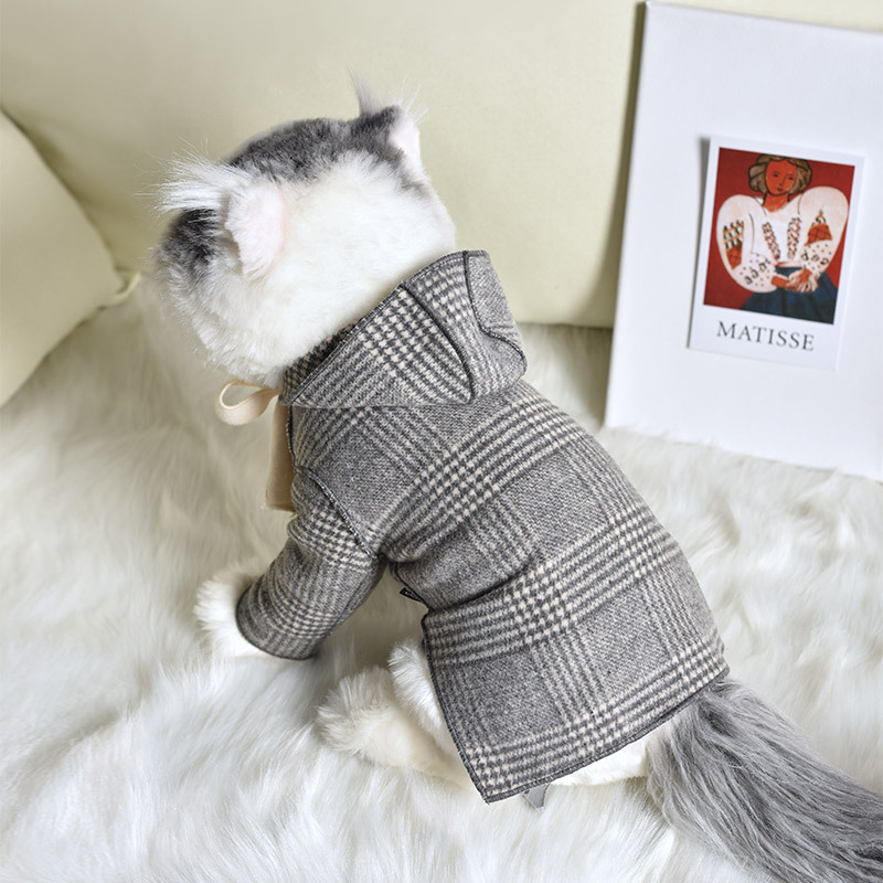 2020 new product dog clothing autumn and winter plus velvet houndstooth cashmere bow coat medium and small cat clothes	