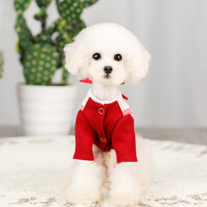 2020 autumn and winter new dog clothing college style pet woolen coat bow knot navy style neckline pet clothes	