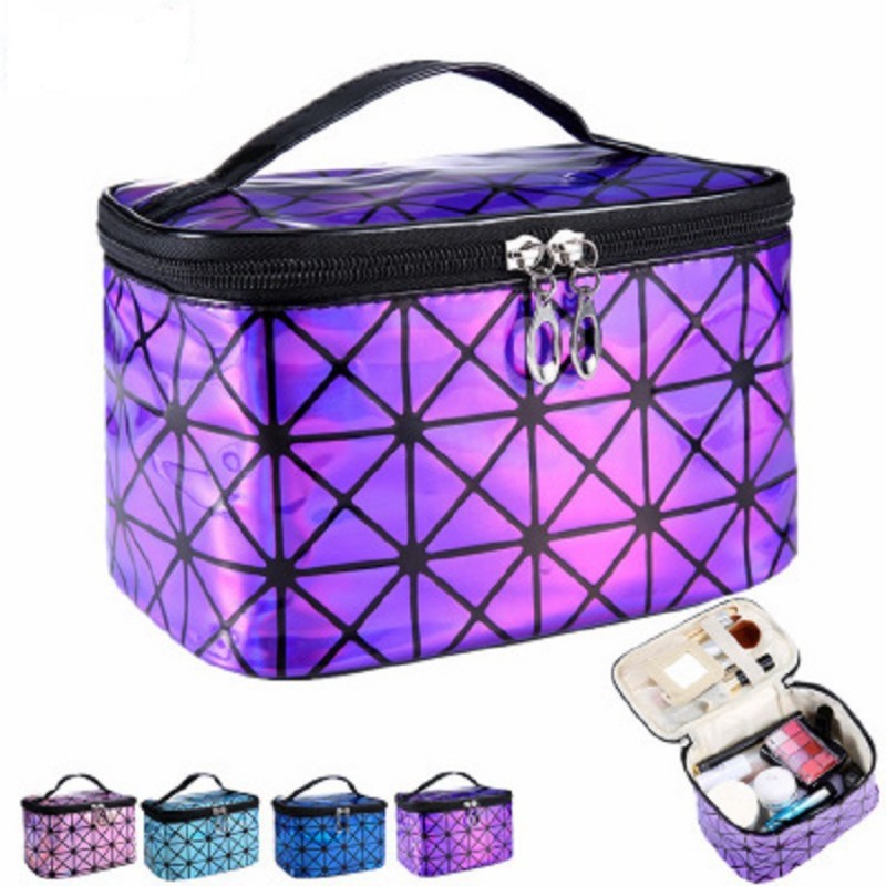 European and American fashion Lingge 3D laser Pu folding cosmetic bag portable travel handbag waterproof storage wash bag