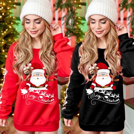 Fd097 2021 Christmas European and American women's dress Santa Claus print loose round neck sweater