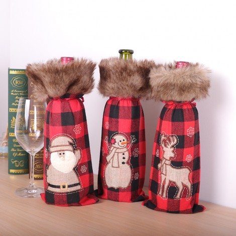 Christmas decoration magenta Black Plaid machine embroidered wool collar wine set Christmas decoration red wine bag champagne set