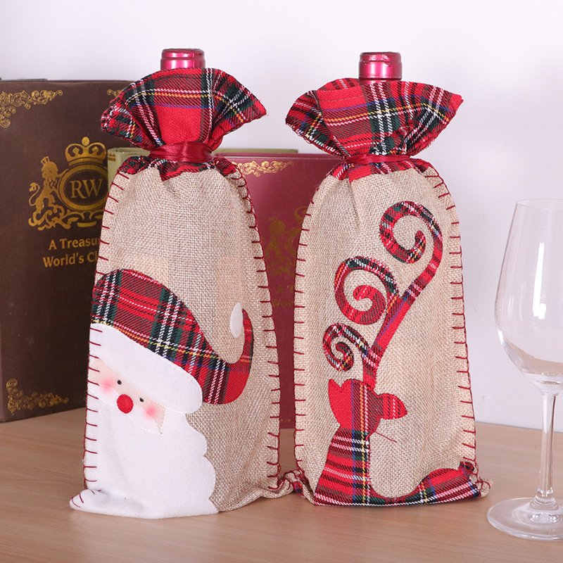 Linen Christmas wine set tether red grid cloth closure Christmas red wine bag Santa Claus printed wine set desktop decoration