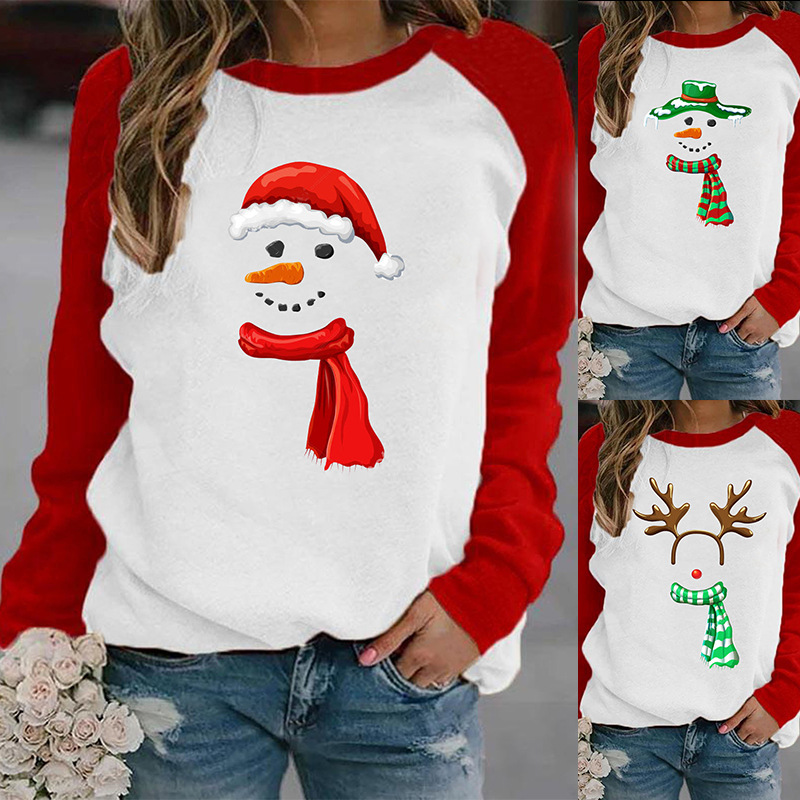 Fd155 women's holiday 2021 Christmas casual printed sweater contrast color long sleeve T-shirt women's wear
