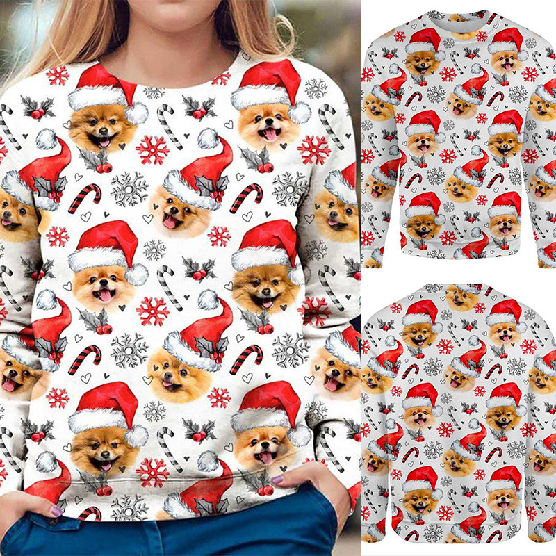 On0846 2021 women's top Christmas old man print round neck long sleeve T-shirt women