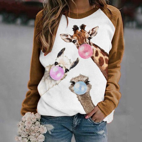 On0849 European and American women's 2021 splicing top Christmas print round neck T-shirt