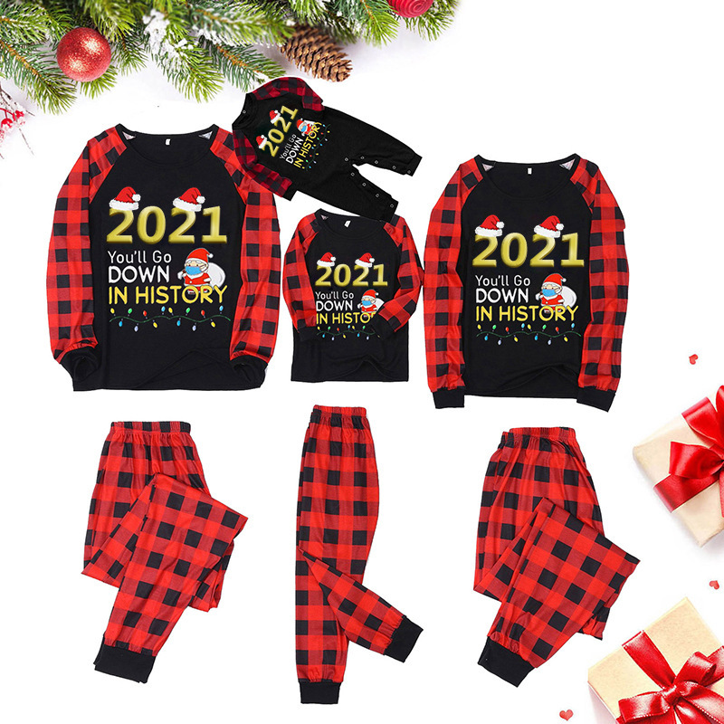 On0827 2021 Christmas parent-child Plaid long sleeve suit Christmas printed home suit