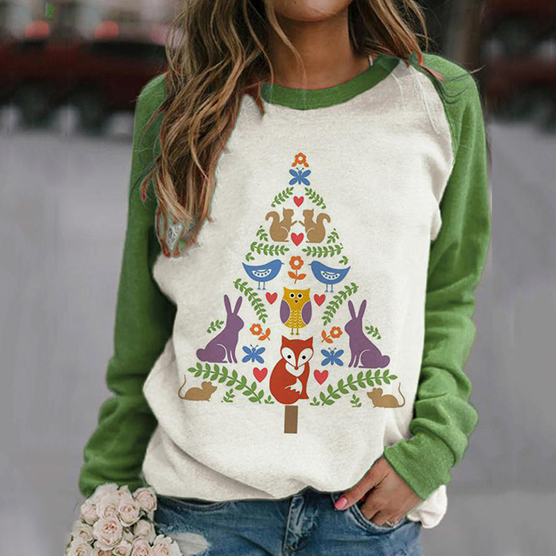 On0851 2021 Christmas Crew Neck Long Sleeve loose print Christmas T-shirt