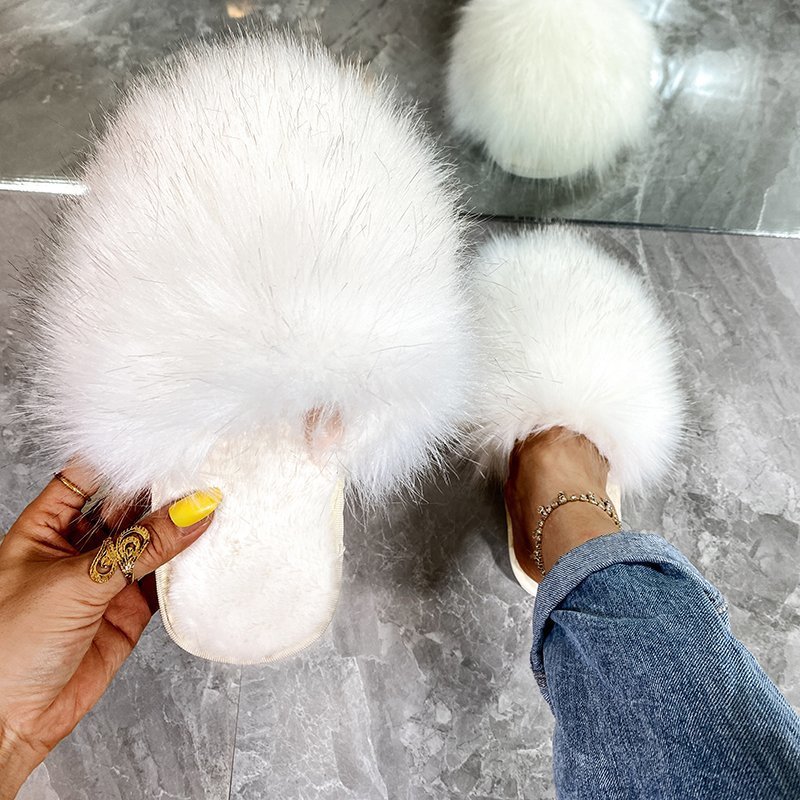 Hairy slippers women 2020 autumn and winter Baotou large size drag women's shoes home wear flat-bottomed warm cotton drag