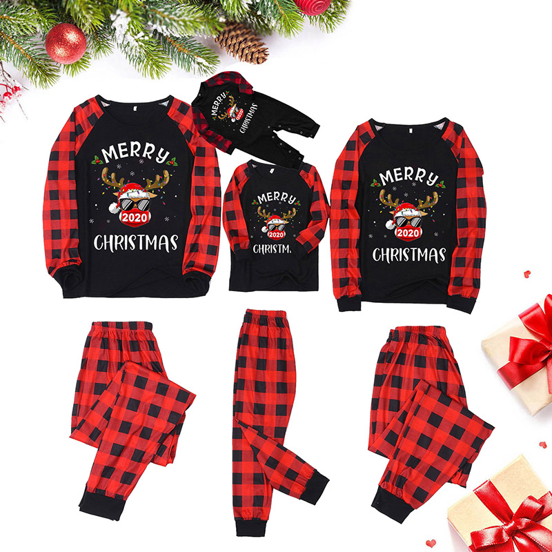 On0829 European and American leisure home clothes set long sleeve lattice printing Christmas parent-child clothes