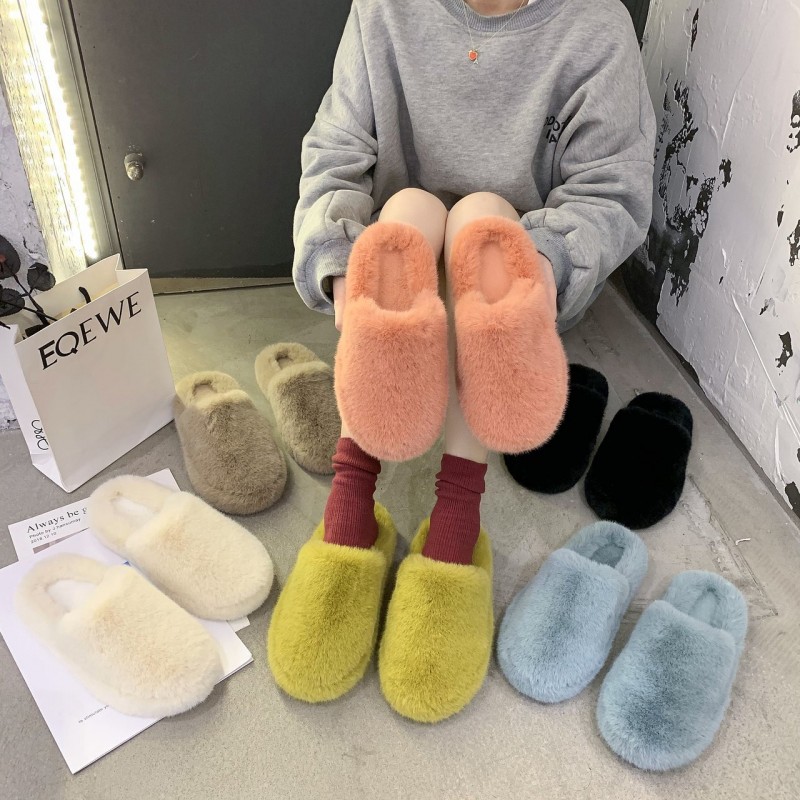 Candy-colored thick hairy slippers women wear net red flat bottom thick bottom large size 42 cotton slippers for autumn and winter