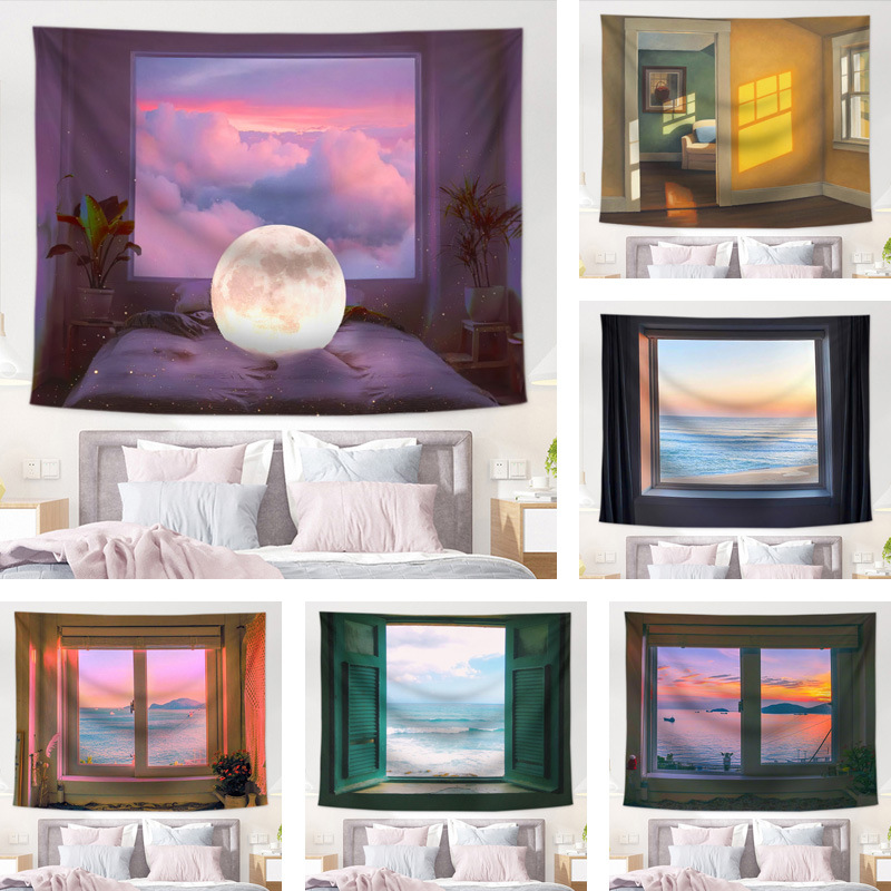 Sea view window background cloth ins wind fresh bedroom bedside dormitory rental transformation home stay decorative wall cloth tapestry