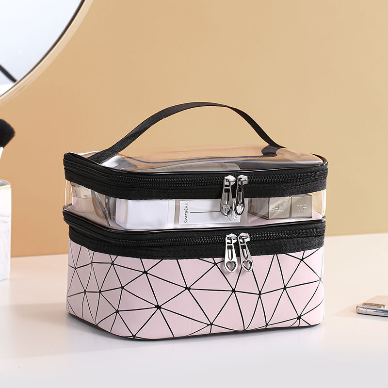 Double layer cosmetic bag box lattice portable women's makeup artist multifunctional storage, washing and makeup