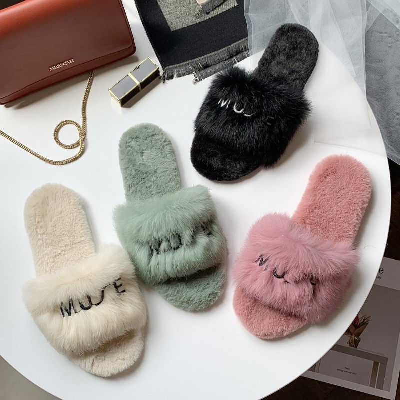 Embroidered plush slippers women's autumn open-toe flat-bottomed warm plush slippers for women