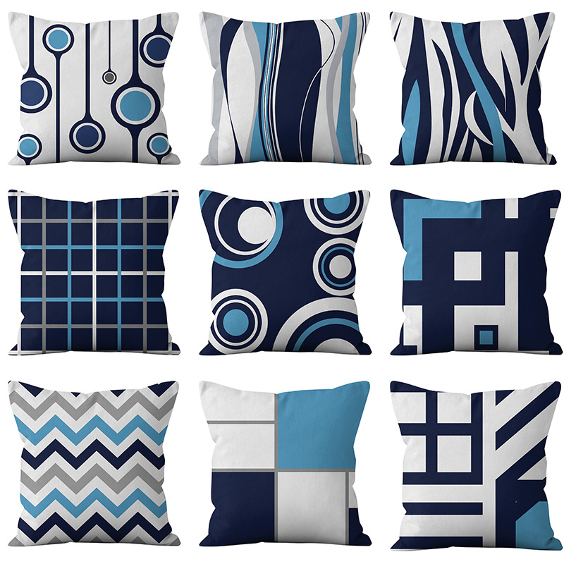 Geometric Pillow Cover Blue Gray geometric wave lattice pillow cover haze blue peach skin velvet pillow cover