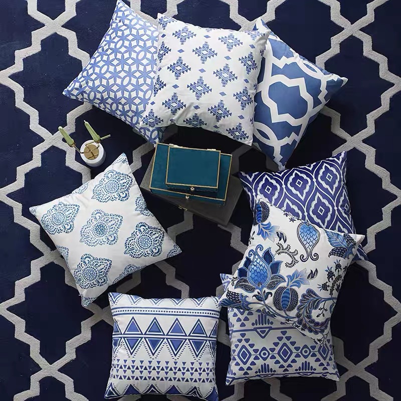 Geometric Pillow Cover Blue Bohemian geometric wave lattice pillow cover European pattern