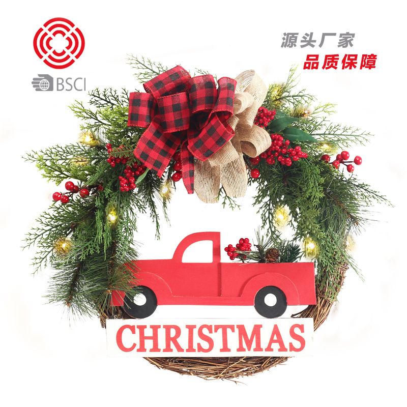 LED car wooden sign PE luminous Christmas Wreath Christmas decoration door Pendant