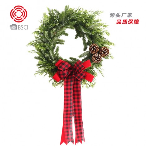 Plaid ribbon PE pine cone Wreath Christmas decorations hotel wall hanging door hanging