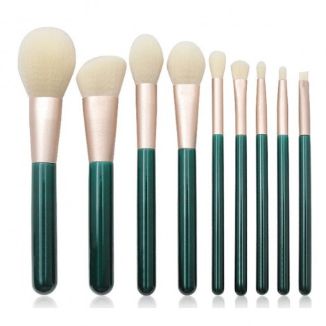 9 dark green cosmetic brush set with white wool green handle