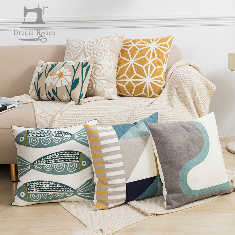Ins cotton canvas chain embroidery pillow cover Nordic B & B living room sofa pillow cushion