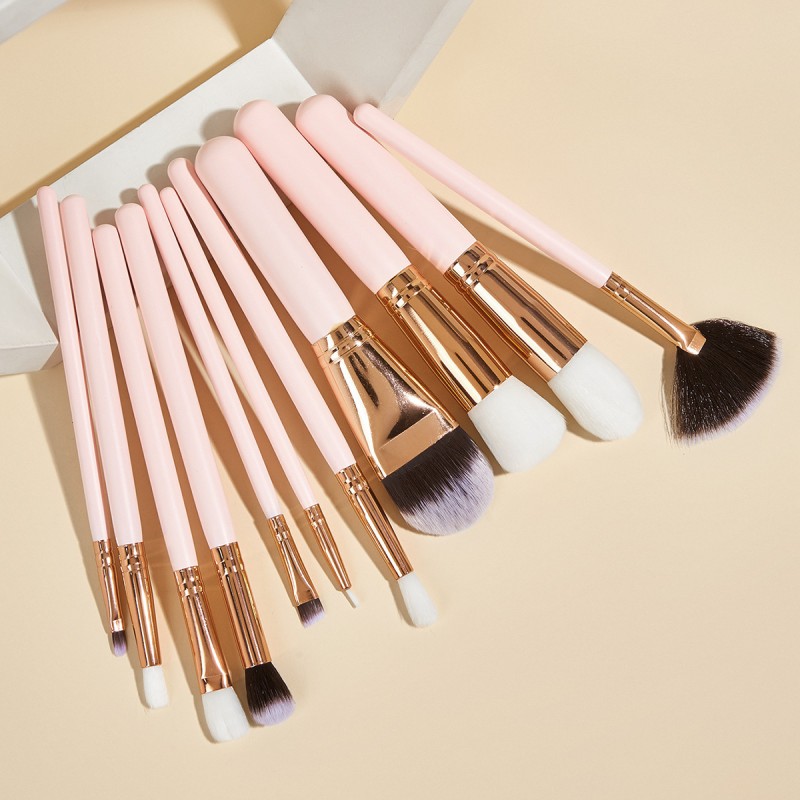 Bai Mei boat 11 makeup brush sets, pink gold, small fan-shaped eye shadow brushes, beauty tools, wooden handle foundation brushes.